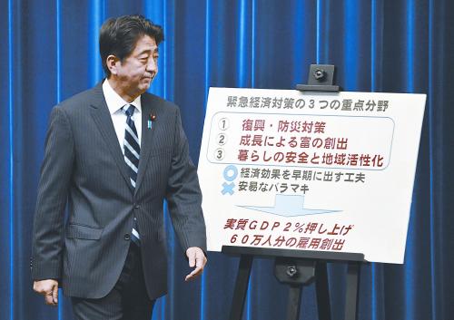 日本首相安倍晉三11日出席記者會。當天，安倍內閣通過了超過20萬億日元的經濟刺激計劃。