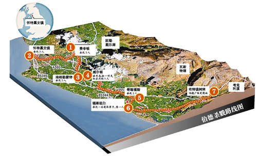 槍殺案示意圖，槍手在若干個地方向不同的人開槍