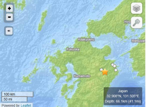 日本九州地區(qū)發(fā)生4.8級(jí)地震震源深度66公里