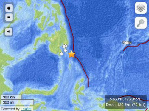 菲律賓海域發生4.9級地震震源深度120.9公里