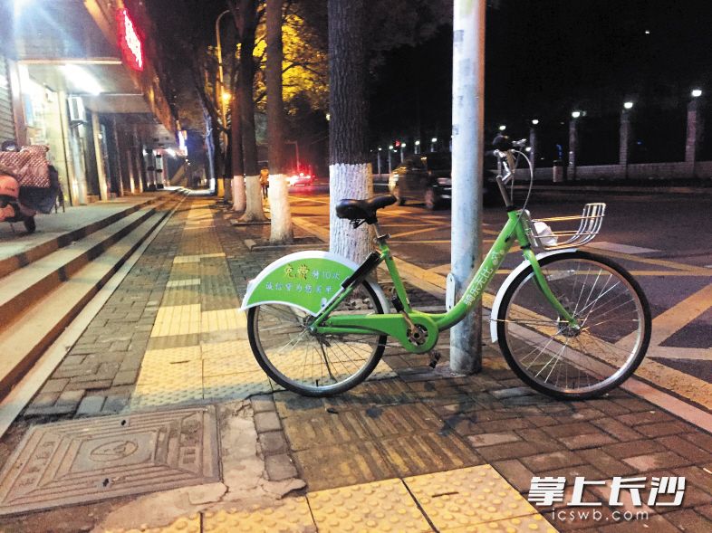 紫薇路附近,一輛使用完的共享單車停在盲道上。長沙晚報(bào)記者 朱炎皇 實(shí)習(xí)生 肖麗兵 攝影報(bào)道